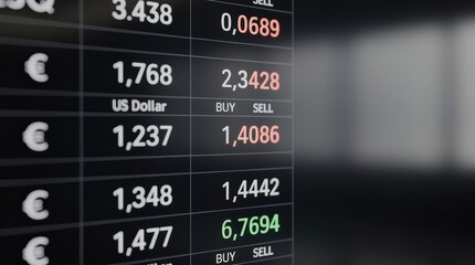 A close-up of a digital currency exchange display showing various currency rates for Euro and US Dollar, emphasizing buying and selling prices.