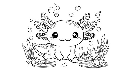 Cute Axolotl Coloring Page with Water Lilies and Bubbles.