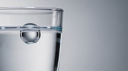 A close-up view of a water droplet suspended above the surface of a glass filled with clear water, showcasing clarity and precision in detail.