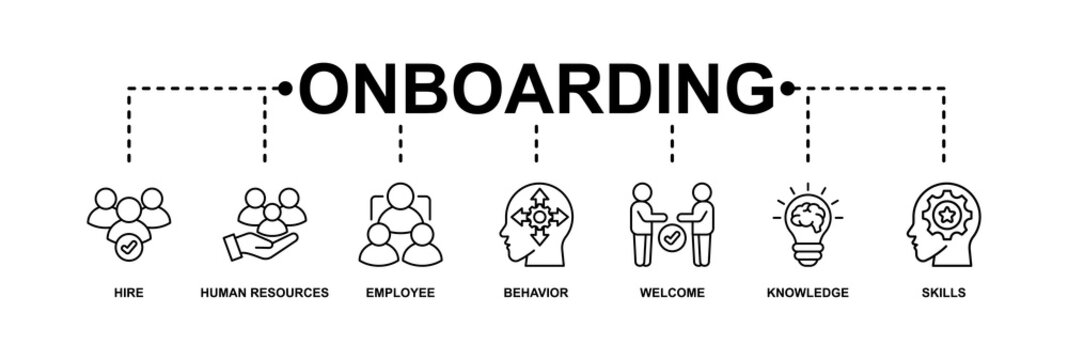 Onboarding banner web icon vector illustration concept for human resources business industry to introduce newly hired employee into an organization with behavior, welcome, knowledge, and skills