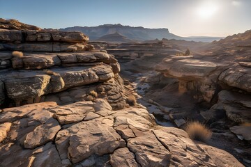 Rocky Desert Canyon Landscape with Sunlight and Eroded Stone Formations