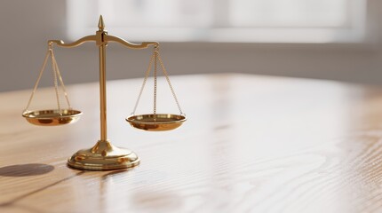 A polished golden scale of justice sits on a wooden table, symbolizing balance and fairness in legal matters.