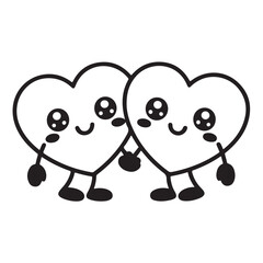 Obraz premium Kawaii Valentine’s Day Hearts Holding Hands – Black and White T-Shirt Vector