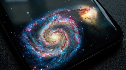A vibrant depiction of a galaxy, showcasing swirling stars and cosmic colors on a sleek phone case against a dark background.