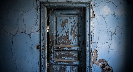 Old weathered door in a dilapidated building, cracked walls.