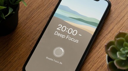 A smartphone screen displaying a "Deep Focus" timer set for 20:00, surrounded by potted plants on a wooden surface.
