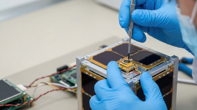 A person in blue gloves is assembling a small satellite cube, focusing on intricate electronic components and connections.