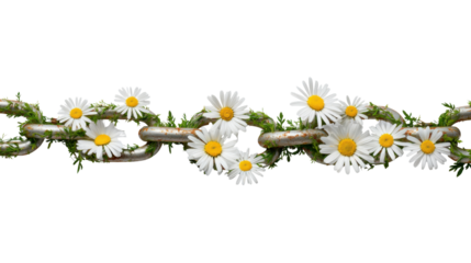 Daisies and grass growing on a metal chain, showing nature's power, freedom, and breaking limitations, transparent background