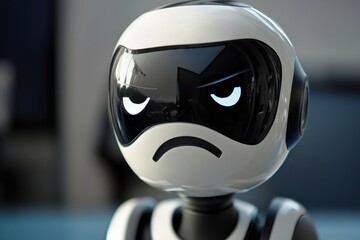 Robot figure with an angry expression captured in indoor setting