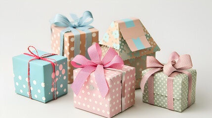 Colorful gift boxes with bows on white background for celebrations