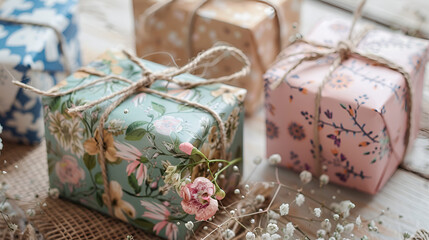 Beautifully wrapped gifts with floral patterns and twine bows on rustic table
