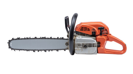 Orange gasoline chainsaw with a sharp blade, a powerful woodcutting tool for forestry and construction work