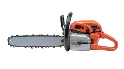 Orange gasoline chainsaw with a sharp blade, a powerful woodcutting tool for forestry and construction work