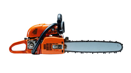 Orange gasoline chainsaw with sharp chain for woodworking and forestry work, ready for cutting trees on transparent background