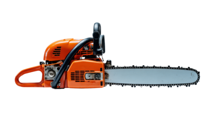 Orange gasoline chainsaw with sharp chain for woodworking and forestry work, ready for cutting trees on transparent background