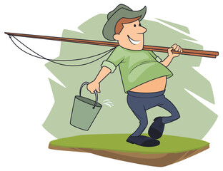 Happy fisherman walking with tackle.