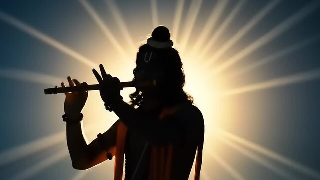 Silhouette of Lord Krishna playing the flute against a radiant sunburst background.