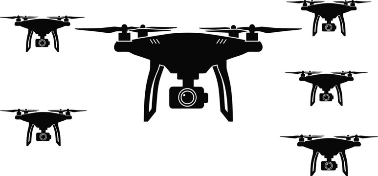 Multiple black silhouette drones with cameras in various sizes and angles unmanned aerial vehicle quadcopter