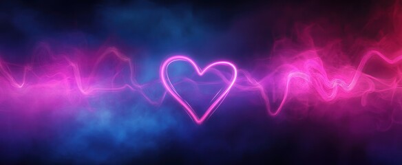 Glowing Neon Heart and Energy Waves on Abstract Blue and Pink Background