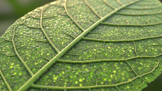 Close-up of a green leaf with intricate cellular texture and veins.