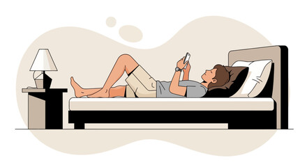 Man Relaxing in Bed Using Smartphone, Modern Illustration