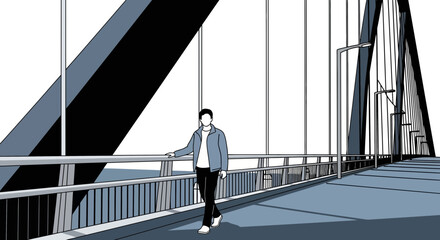 Man Walking on Modern Suspension Bridge, Urban Cityscape Perspective