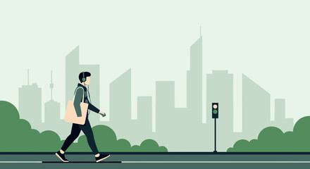 Man walking with headphones and bag in city, traffic light and skyline