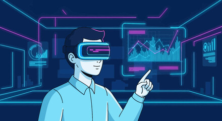 Man wearing VR headset interacting with futuristic data visualization and analytics
