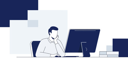 Man working on computer, minimalist flat design illustration, business concept, thinking.