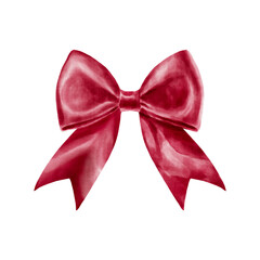 red ribbon bow gift isolated watercolor vintage hand drawn on transparent background.	