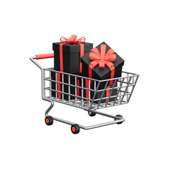 Shopping cart with gift boxes isolated on transparent background