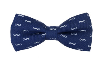 Classic blue bow tie with Father's Day mustache symbol isolated on white background.