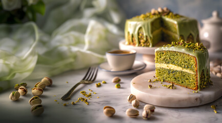 Creative food template. Rich moist pistachio Torta al Pistacchio cake slice, crushed nuts, crumb, green ganache cream frosting, silk fork tea, on marble table country style setting. copy text space