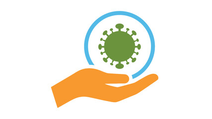 A hand cradling a virus depiction within a blue circular frame representing health concerns