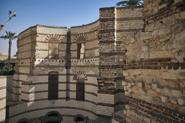 Remains of the Roman Tower, one of the two towers of Babylon fortress in Coptic Cairo in Egypt