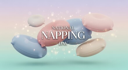 National napping day celebration with colorful neck pillows floating and sparkling lights, concept for rest and relaxation