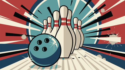 Colorful bowling ball illustration hitting pins in a dynamic retro style © GW