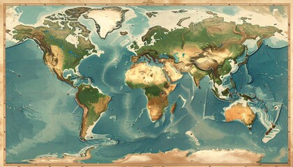 Detailed topographical world map illustrating global landmasses, continental shelves, and intricate ocean floor bathymetry across all continents and major oceans, showcasing geological features