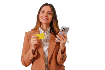 Woman holding credit card and smartphone, engaging in online shopping and secure mobile banking transaction