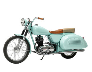 Fototapeta premium Light blue vintage motorcycle, brown seat, isolated view