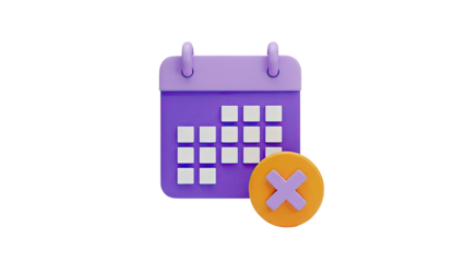 3D Calendar Icon with Cancel Symbol on transparent background