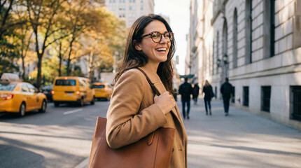 Fototapeta premium Woman carrying a bag walks on a city street with a smile.
