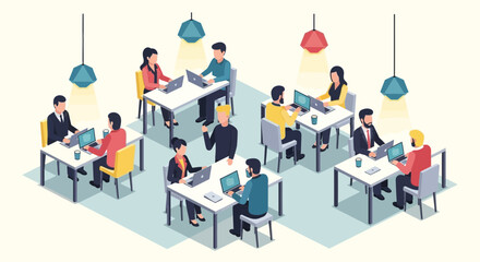 Modern Office Coworking Space with Diverse People Working on Laptops