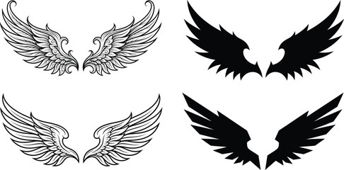 Obraz premium Angel wings vector set featuring detailed line art and bold silhouettes for tattoo logo emblem fantasy design use commercial branding