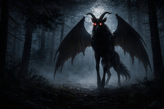 Jersey Devil Creature Standing in Dark Foggy Forest with Glowing Red Eyes