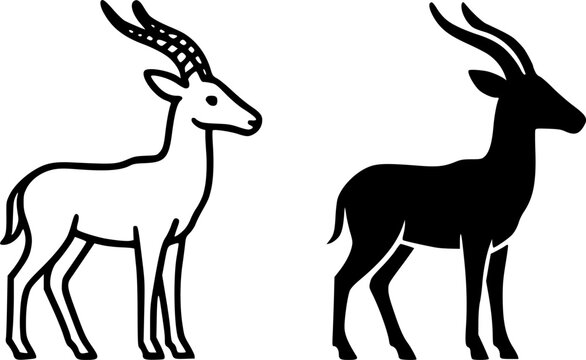 Icon, antelope illustration, black and white, outline and silhouette versions