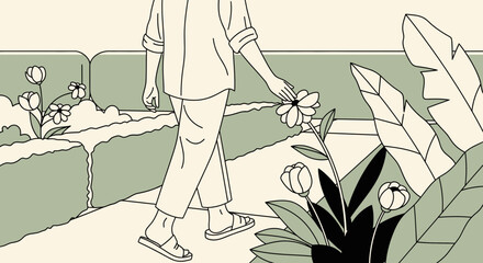 Person Walking in Garden Touching Flower Gentle Hand Nature Scene Minimalist Line Art