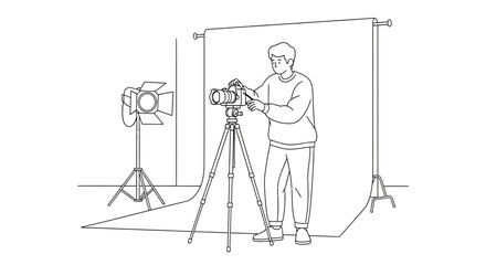 Photographer Adjusting Camera on Tripod in Studio with Lighting