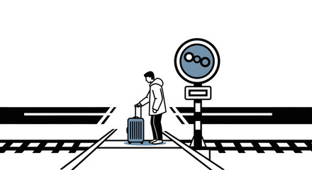 Person with Suitcase Waiting at Train Tracks Crossing with Signal