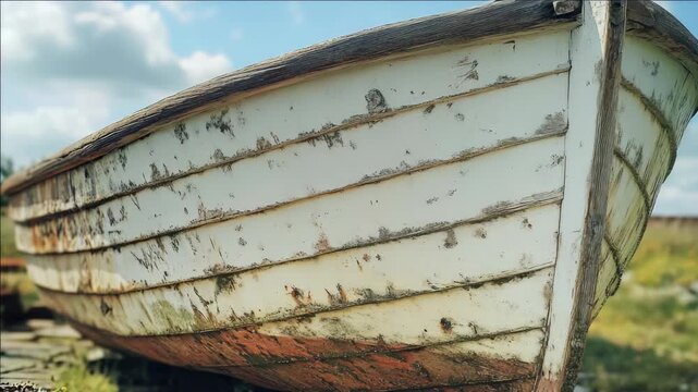 Old rusted boat on land. White hull showing signs of age and weathering.